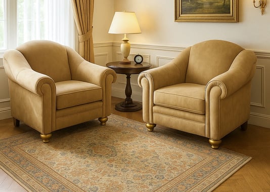 Pair of tan leather armchairs with rolled arms and wood feet, custom-designed by Solo Home Decor.