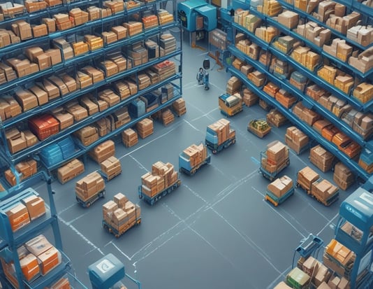 Yapay zeka destekli alokasyon sistemleriyle optimize edilen modern bir depo ve otonom taşıma araçlar