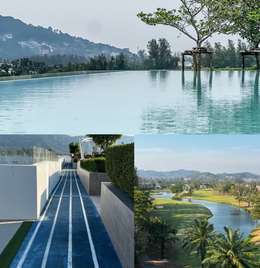 A building top with a jogging track, infinity pool and mountain range in the background
