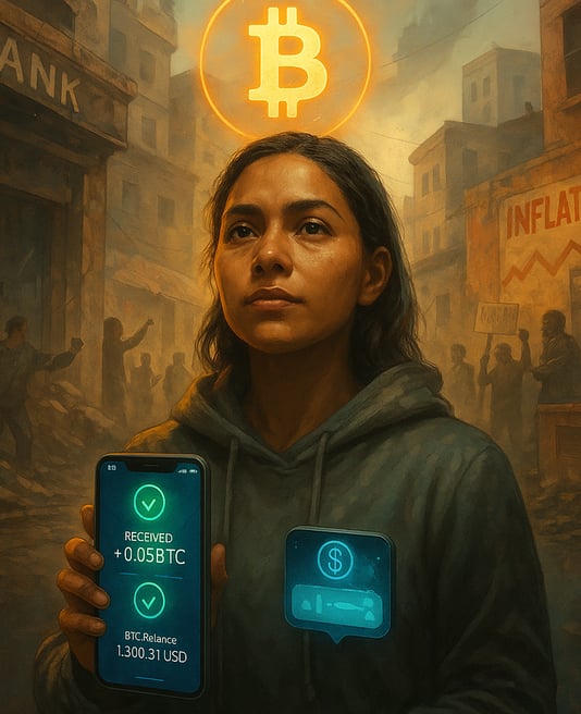 A woman in a crisis-hit country uses Bitcoin to survive, symbolizing financial freedom through crypt