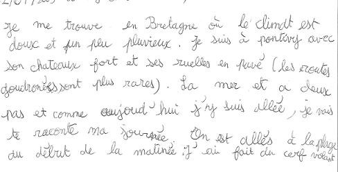 écriture d'une fille de 10 ans après la graphothérapie