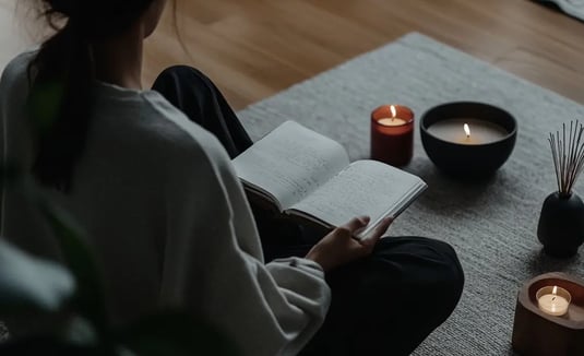 a woman sitting on a rug with candles and candles