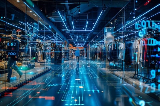 a man walking through a store with a futuristic display of electronic devices