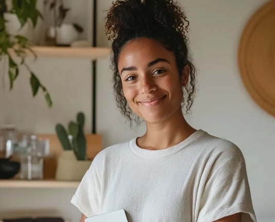 a woman holding a notebook and smiling