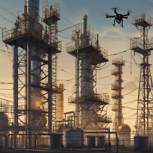 a drone flying over a large group of large industrial buildings