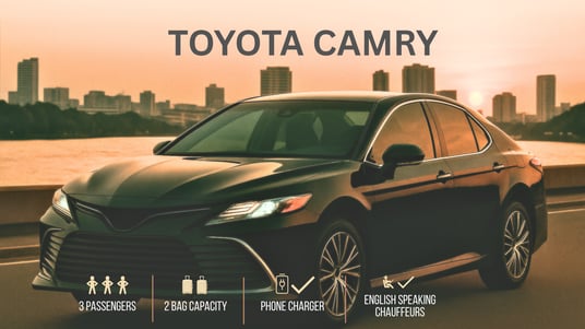 Toyota Camry sedan for premium chauffeur service in Thailand, seating 3 passengers with luggage, pho
