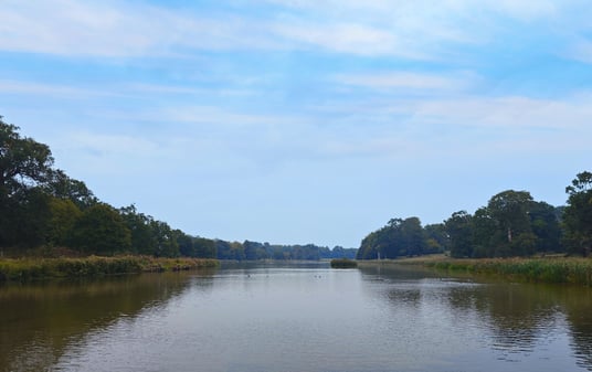 Tranquil lake with greenery on both sides