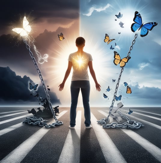 a person standing in front of a crosswalk with butterflies