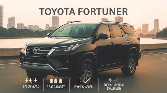 Toyota Fortuner SUV for private chauffeur service in Thailand, seating 3 passengers with 3 bags, pho