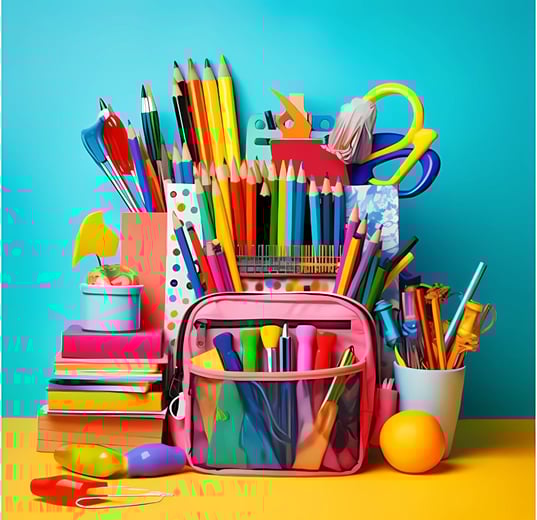 a school bag with school supplies and supplies