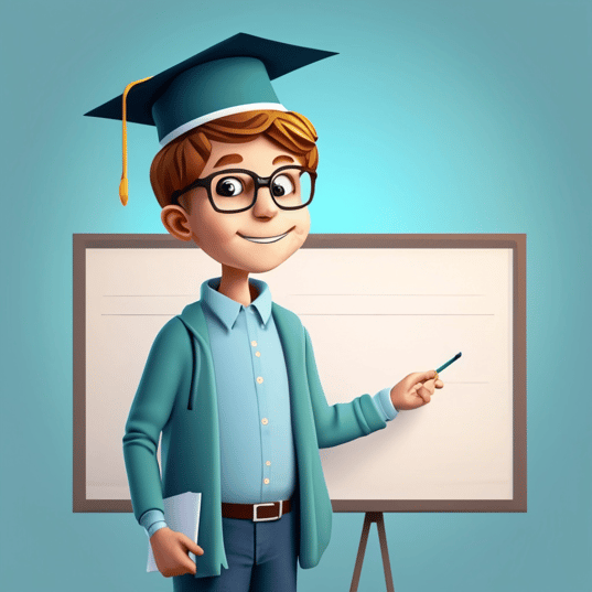 A cartoon professor where graduation cap pointing at whiteboard.