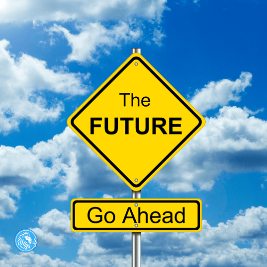 your future is now! yield sign against a bright sunny sky filled with fluffy clouds
