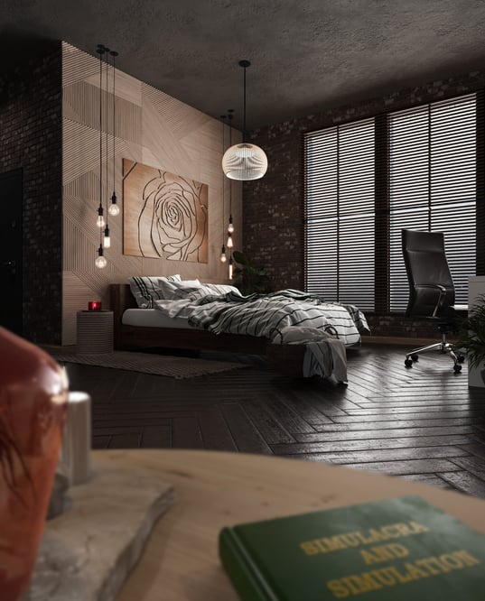 Interior render of a bedroom.