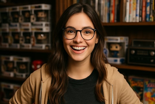 a woman in glasses and a black top