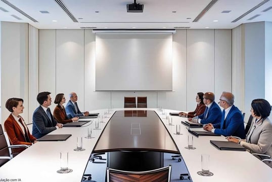 pessoas reunidas em ampla sala de diretoria com grande mesa ao centro tela eletrica e projetor