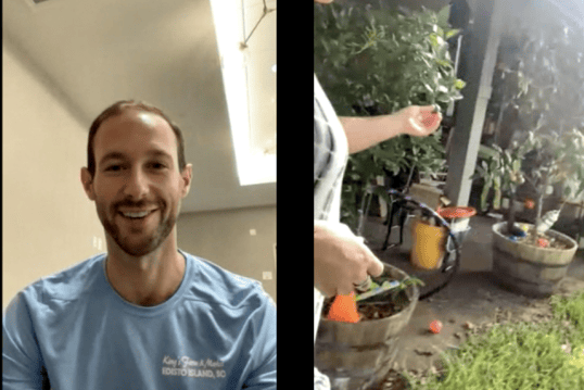 Expert gardener videochatting with a customer pointing at their plants