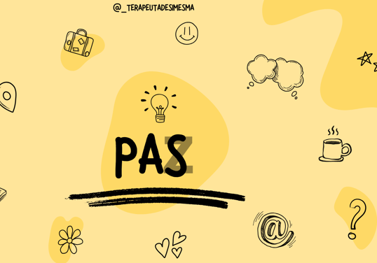 Yellow background with “PAS em PAZ” and icons of connection: chat bubble, coffee, heart, suitcase.