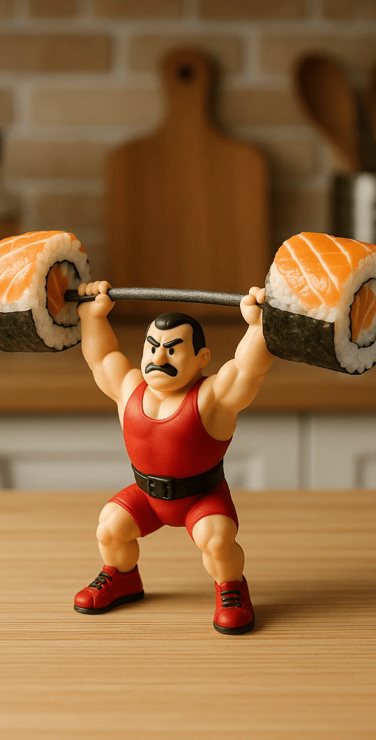 Figurine avec haltère en sushi pour la journée internationale du sushi.
