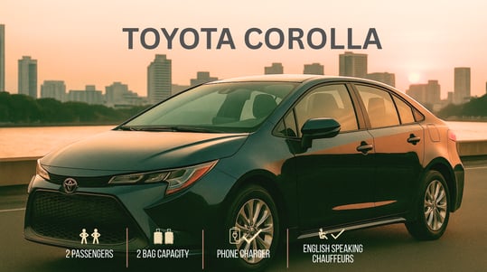 Toyota Corolla sedan for private chauffeur service in Bangkok, ideal for 2 passengers with luggage,