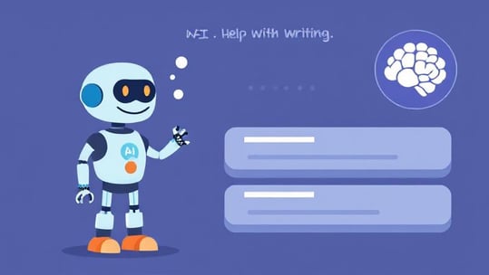 A visual representing AI helping with writing or ideas, perhaps a friendly robot or brain icon next 