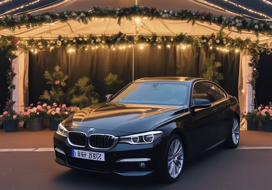 A luxurious black car with a distinctive front grille is parked in an urban environment. A man in traditional attire can be seen walking in the background, and several other vehicles, including a white van, are also visible.