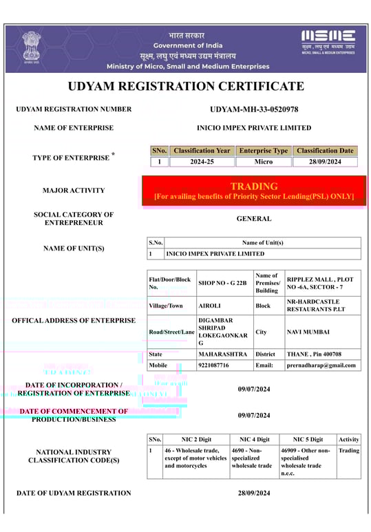 MSME Udhyam Registration Certificate