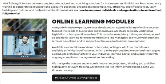 Screenshot of 1664 Training Solutions' services page to show copy