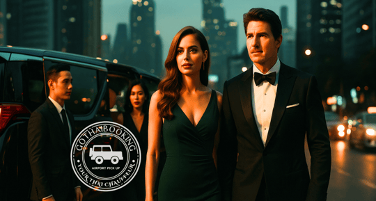 Elegant couple stepping out of luxury car in Bangkok at night with private chauffeur service
