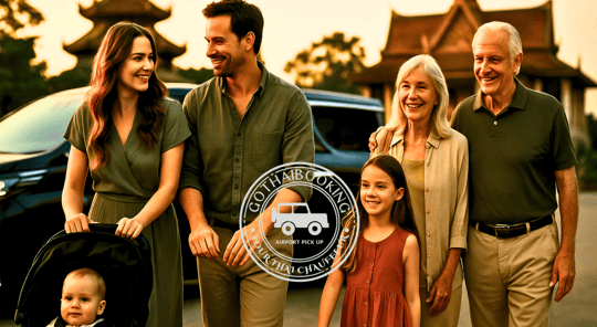 Happy multigenerational family arriving in Bangkok with private chauffeur and baby stroller