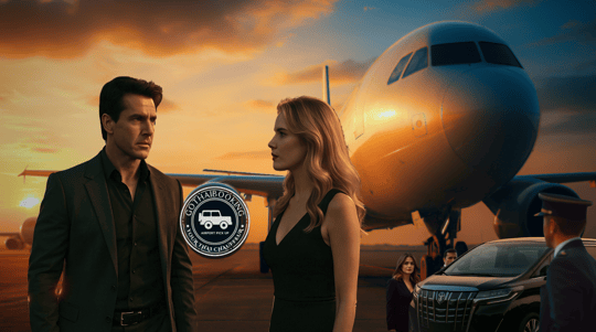 Hollywood-style couple at Bangkok airport with private chauffeur car and jet at sunset