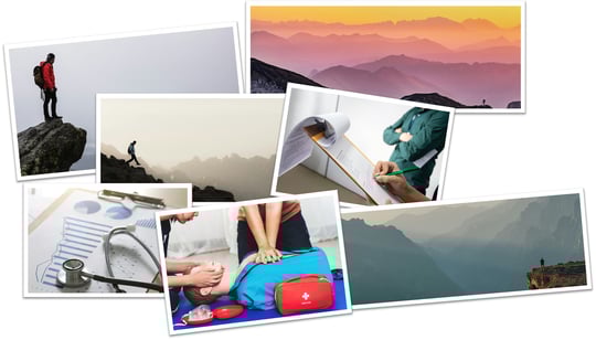 Collage of photos used on 1664 Training Solutions' website, showing a mixture of first aid and outdoorsy imagery