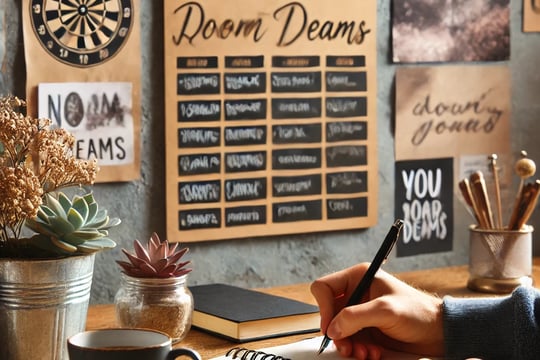 A person writing goals in a notebook at a cozy desk with a vision board in the background, represent