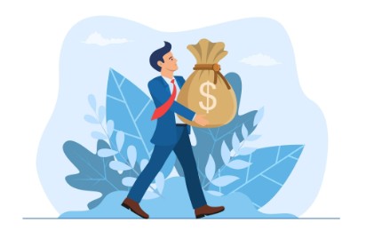 Illustration of a confident man in a business suit carrying a large money bag with a dollar sign, representing financial succ