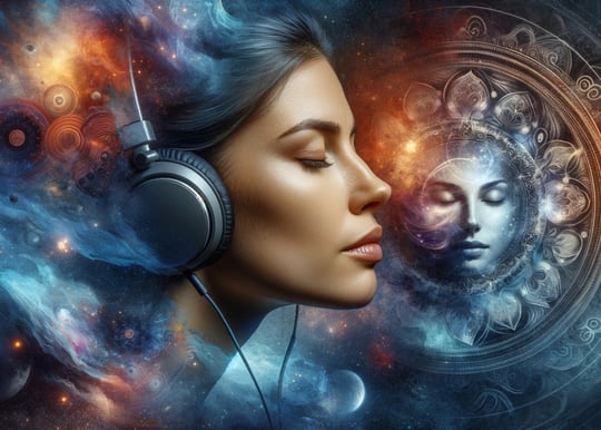 Listen digital music for meditation with solfeggio frequencies on headphones