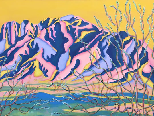 Acrylic painting of mountain at sunrise depicted with pink and purples shapes