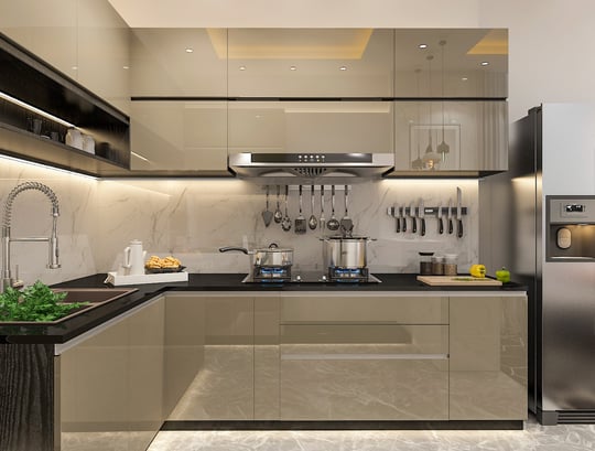 a kitchen with a stainless steel refrigerator and a sink