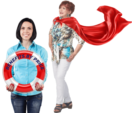 Photo of Pat Price in superhero cape with adult woman holding a lifesaver with "Benefits by Price"