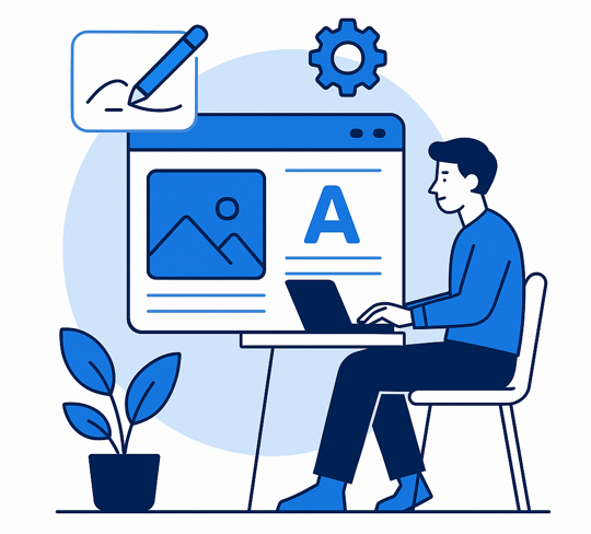 Homme avec un ordinateur sur un bureau qui crée un site web