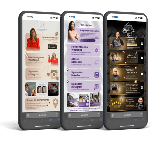 Três celulares exibindo diferentes mini sites da Ajot Site personalizados para profissionais de saúd