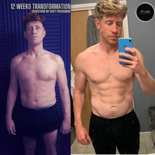 A before and after gym body transformation of a man in his 30s with his top off and more muscle
