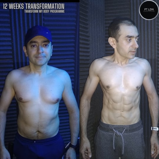 A before and after gym body transformation of a man in his 40s with his top off showing his muscles