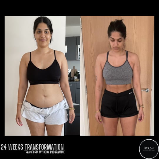 A female in her 30s before and after gym body transformation fat loss results