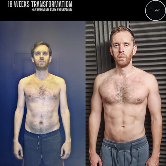 A before and after gym body transformation of a man in his 30s with his top off and a bigger chest