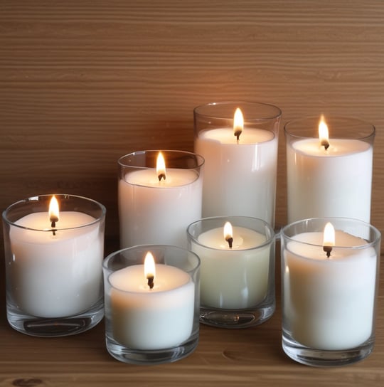 A collection of artisan candles with dried flowers and herbs embedded in the wax is arranged on a wooden surface. The candles vary in size, with some in glass containers. The dried flowers include lavender and rose petals, adding a rustic and handmade aesthetic. Soft lighting enhances the warm and cozy atmosphere.