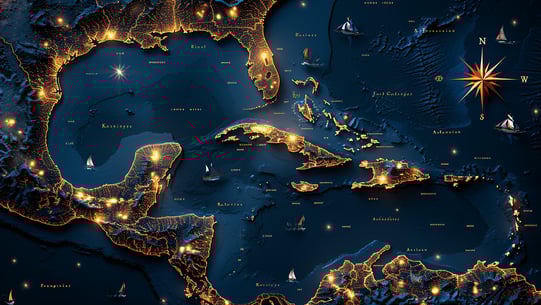 Carte stylisée des Caraïbes avec contours dorés sur fond bleu nuit représentant la zone d’expertise de Bruno Valery