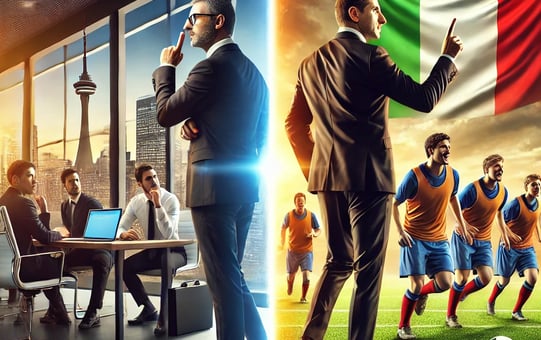two leaders, one is standing in front of a business meeting room and the other with a soccer team