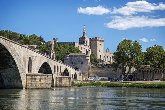 pont d'avignon avec le Rhône passant en dessous et le Palais des Papes à Avignon