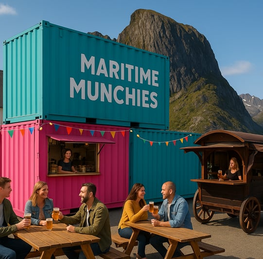 Fargerik matplass hos Maritime Munchies i Hamnøy, Lofoten. Folk nyter lokal øl og street food