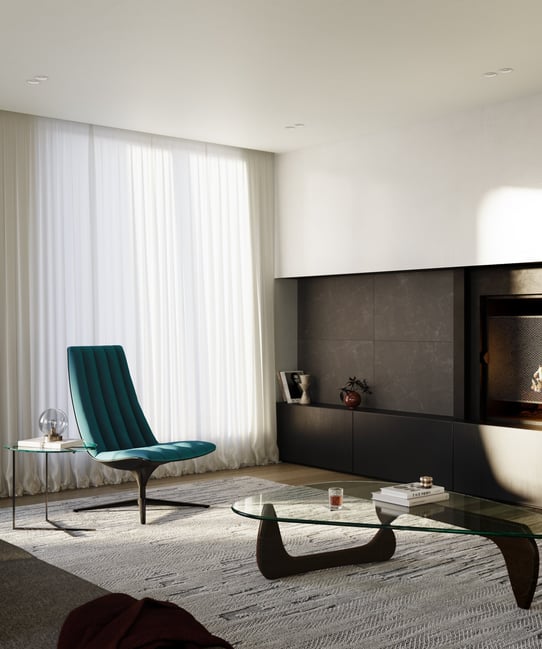 Sala de estar minimalista con muebles modernos, sillon azul y mesa de centro de vidrio
