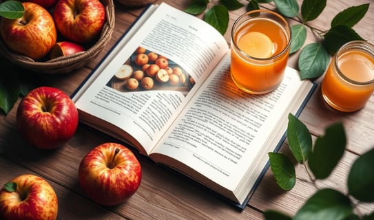 a book opened to show a book with a glass of juice